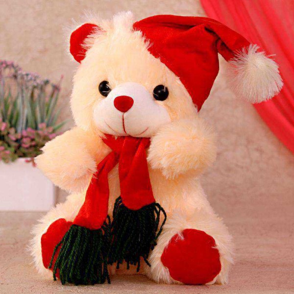 Peach 15 Inch Christmas Teddy Bear with cap and muffler